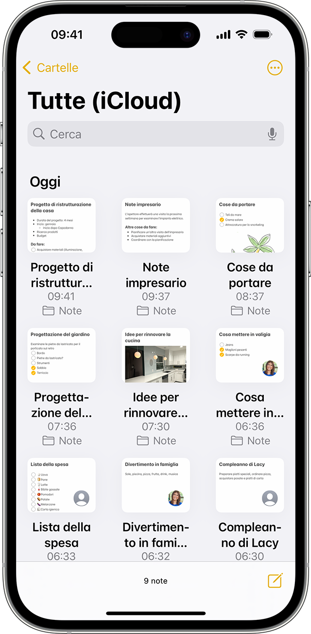 iPhone che mostra l'aspetto delle note nella vista Galleria.