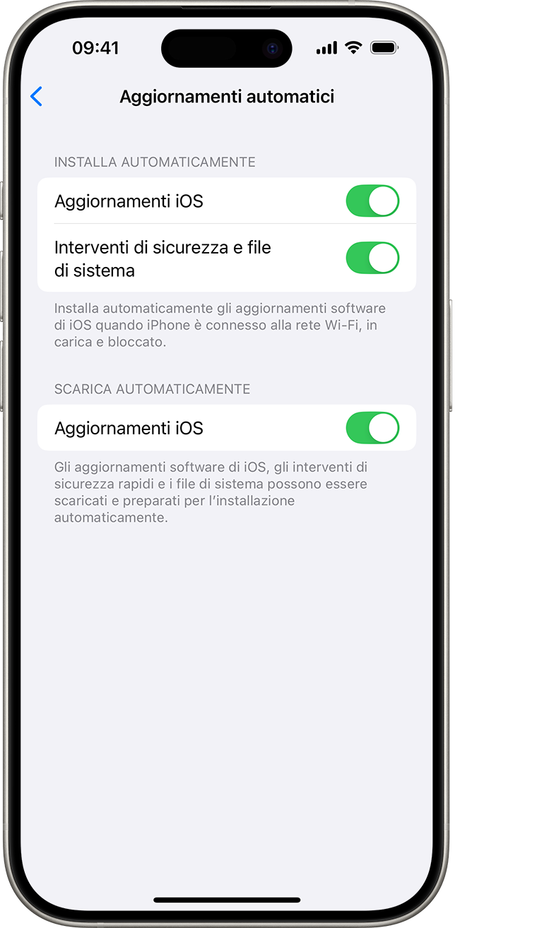 Un iPhone che mostra la schermata Aggiornamenti automatici