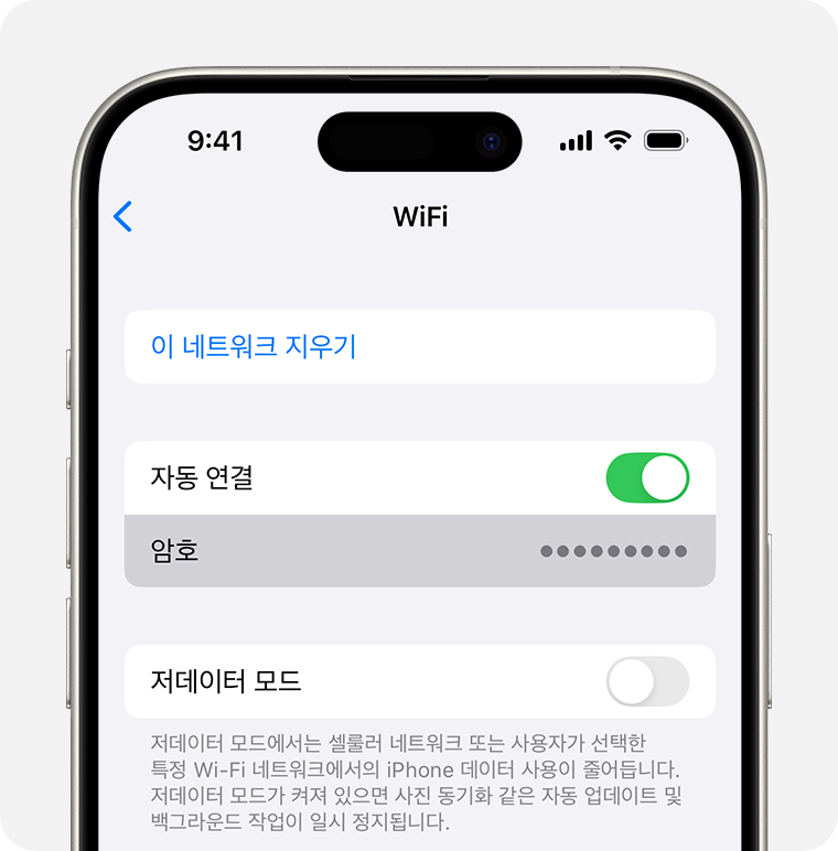 iOS에서 설정 > Wi-Fi로 이동하면 연결된 Wi-Fi 네트워크의 암호를 표시할 수 있습니다.