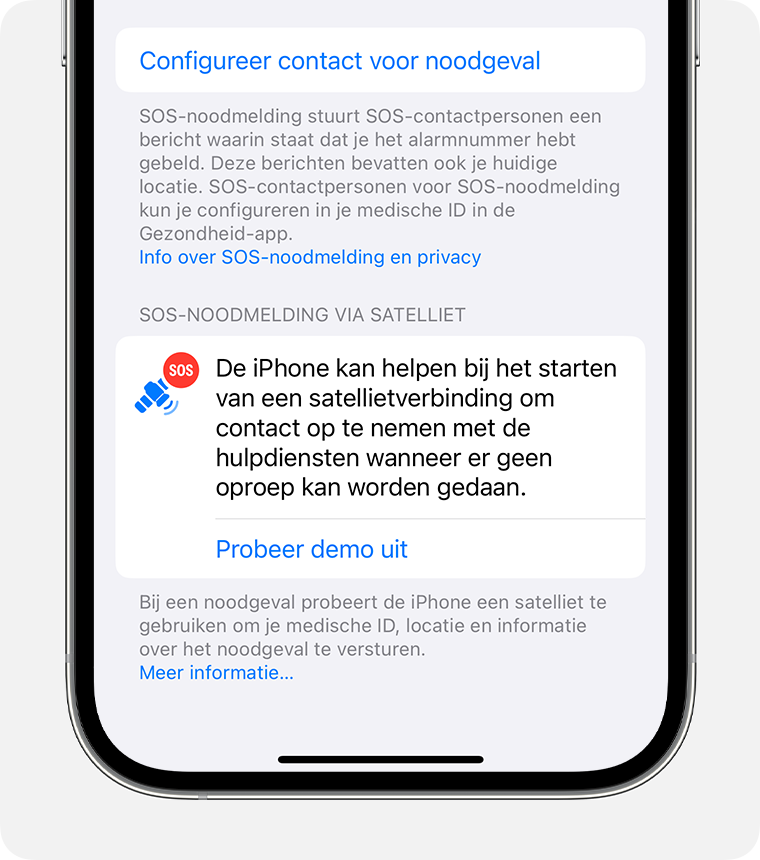 Ga naar de iPhone-instellingen en probeer de demo van 'SOS-noodmelding via satelliet' uit om te oefenen met het maken van een verbinding met een satelliet.