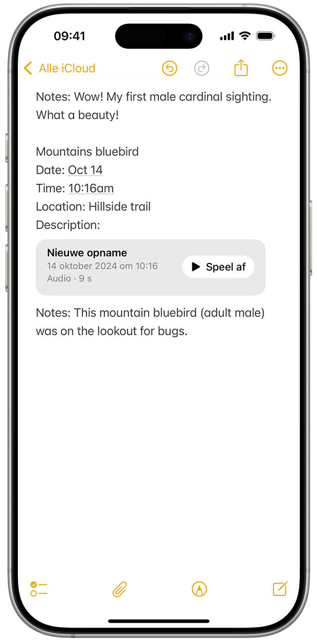 Wanneer je audio opneemt in Notities in iOS 18, verschijnt de opname als bijlage in je geopende notitie.
