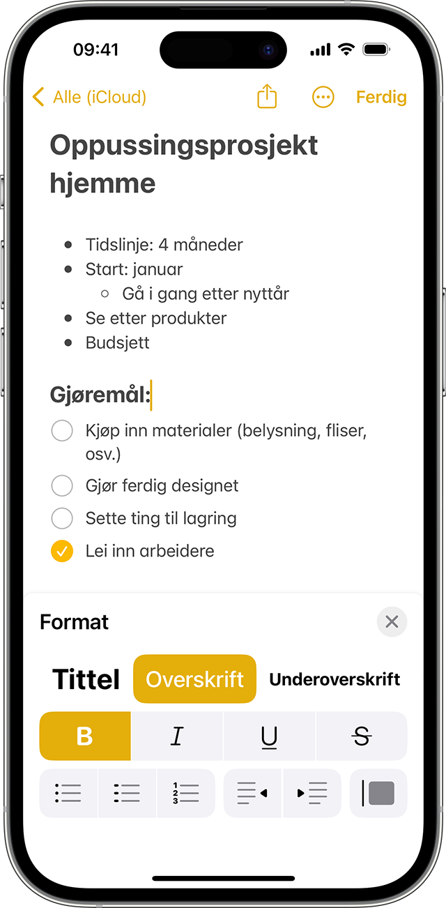 Formatalternativene i Notater på iPhone