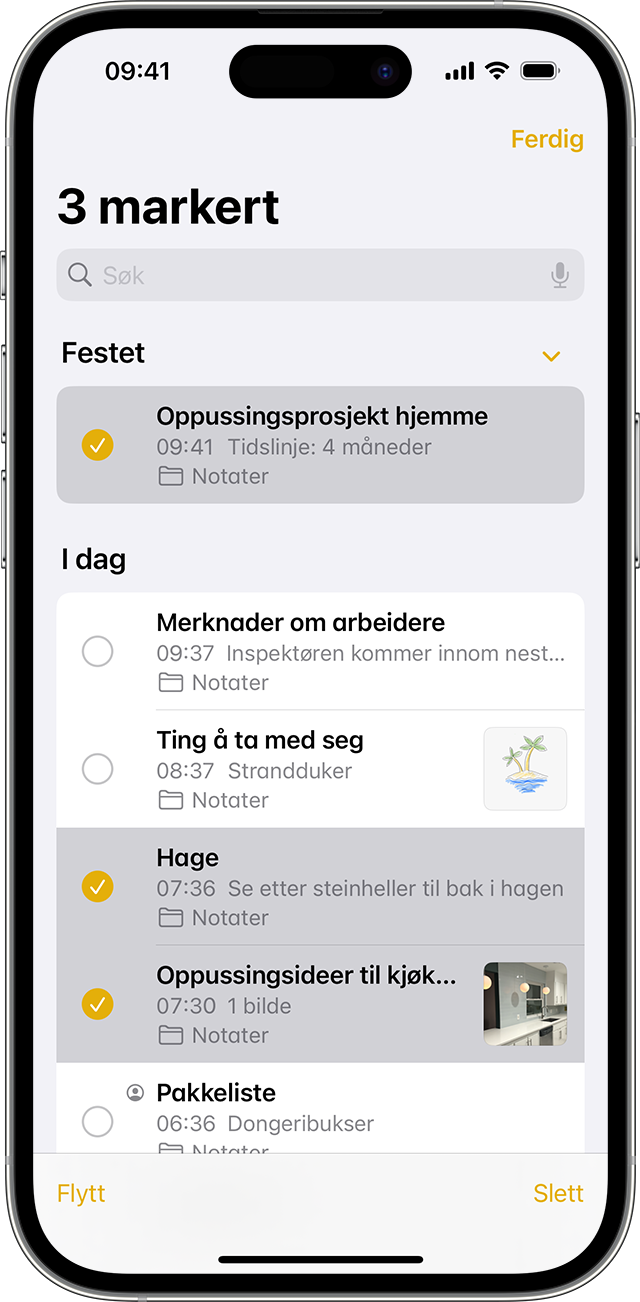 iPhone som viser hvordan du flytter et notat til en annen mappe i Notater-appen.