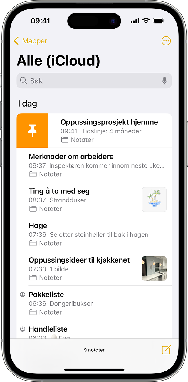 iPhone som viser hvordan du fester et notat i Notater-appen.