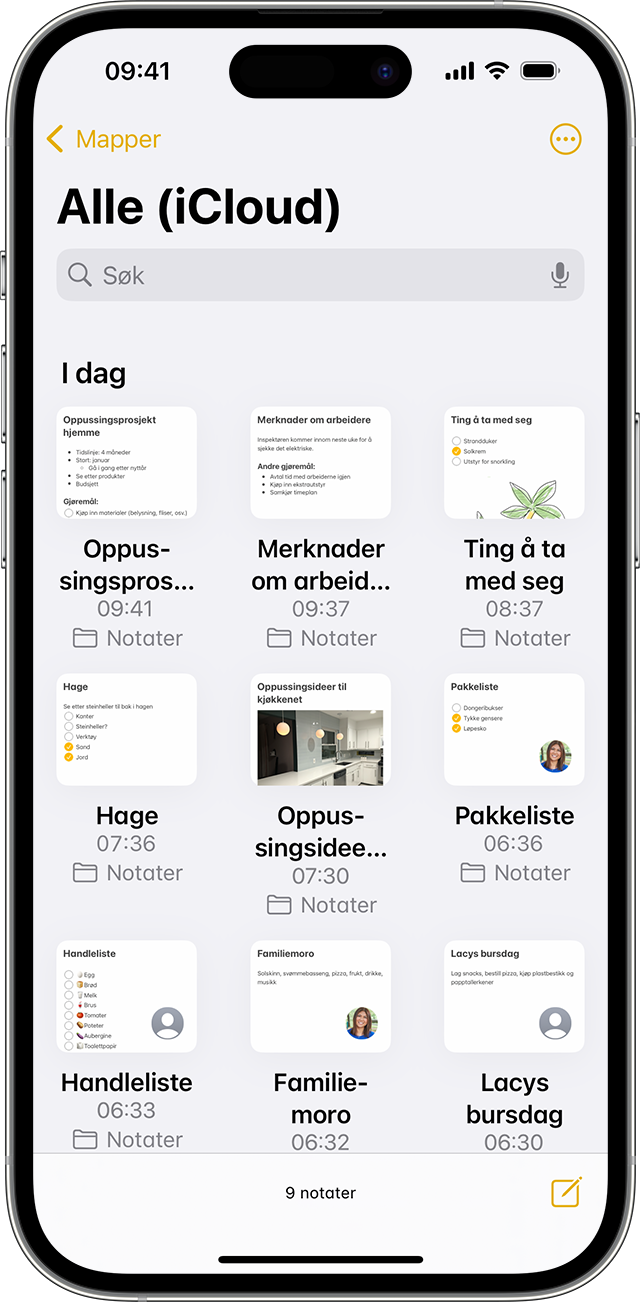 iPhone som viser hvordan notater ser ut i Gallerivisning.