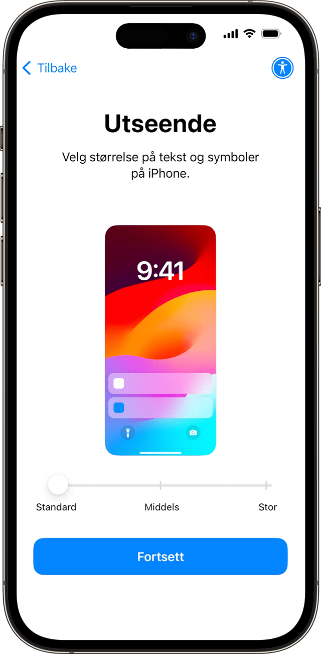 Under iPhone-konfigurasjonsprosessen for iOS 17 skyver du et symbol for å forhåndsvise og deretter velge ønsket tekst- og appstørrelse.