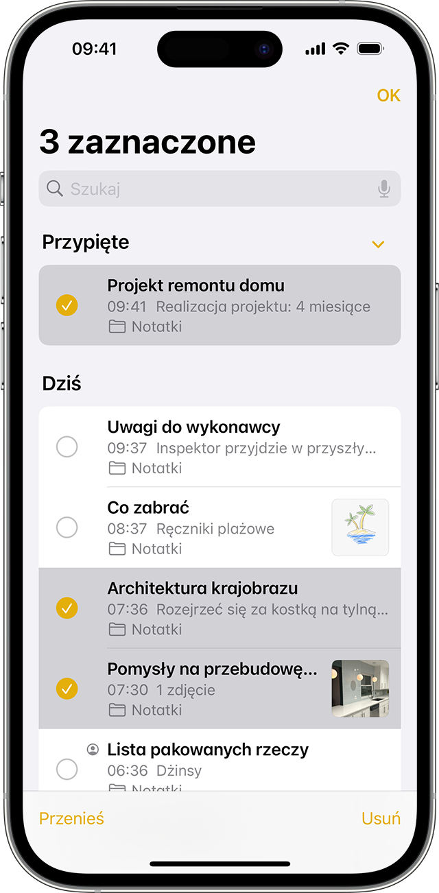 iPhone pokazujący, jak przenieść notatkę do innego folderu w aplikacji Notatki.