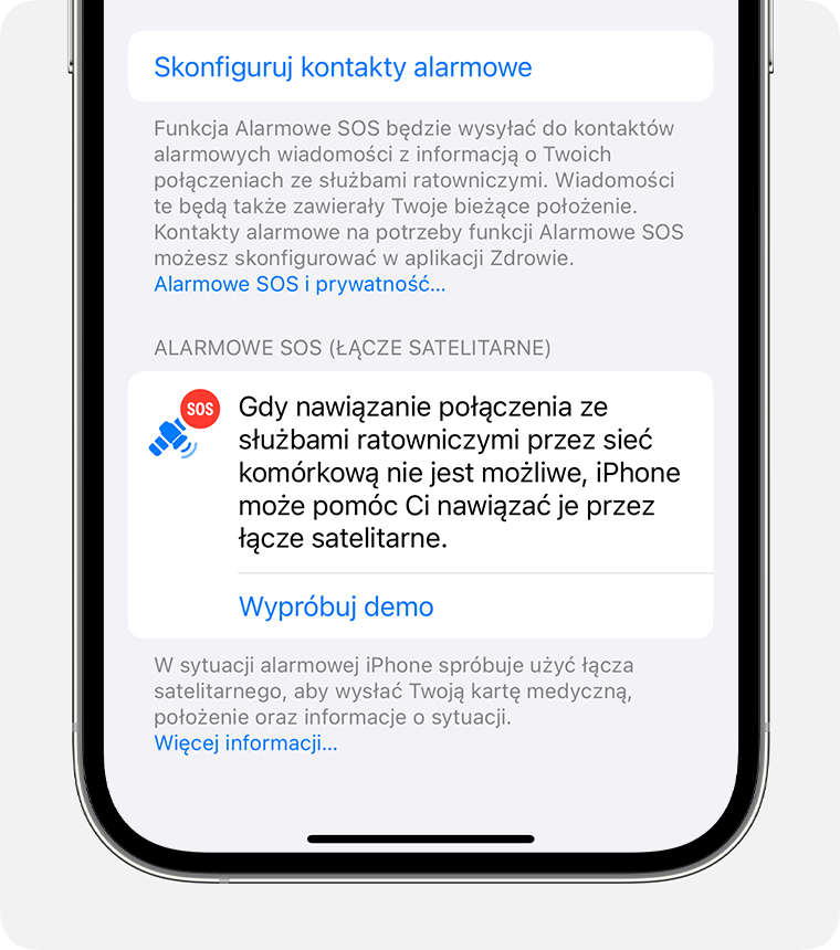 W ustawieniach iPhone’a wypróbuj wersję demonstracyjną funkcji Alarmowe SOS (łącze satelitarne), aby przećwiczyć łączenie się z satelitą.
