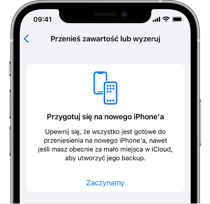 iPhone wyświetlający ekran Przygotuj się na nowego iPhone’a