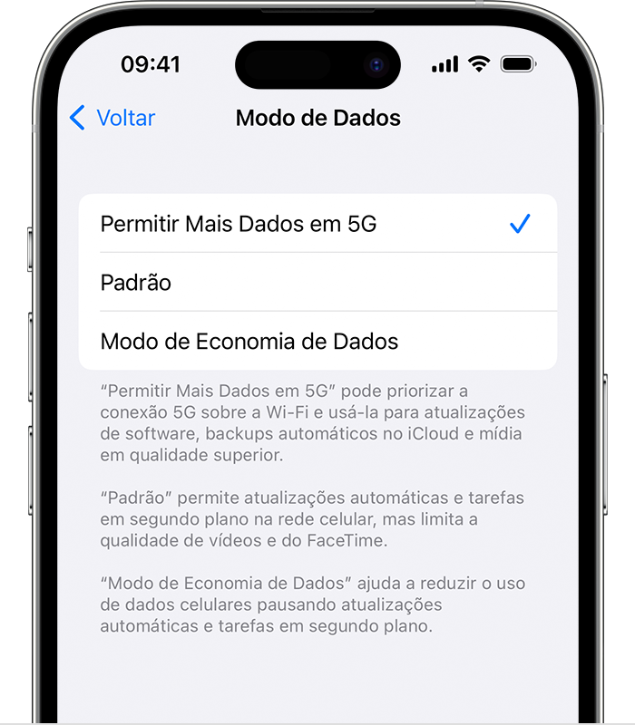 A imagem mostra os ajustes de "Modo de Dados".