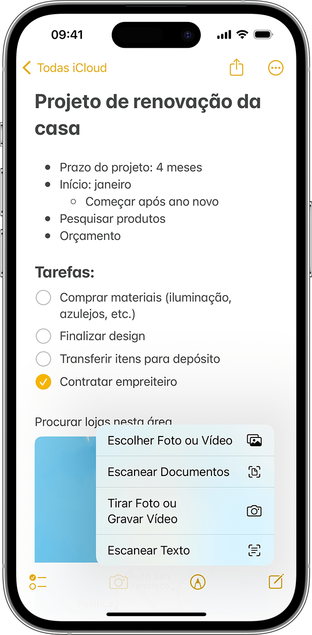 iPhone mostrando como adicionar uma foto ou um vídeo a uma nota no app Notas.