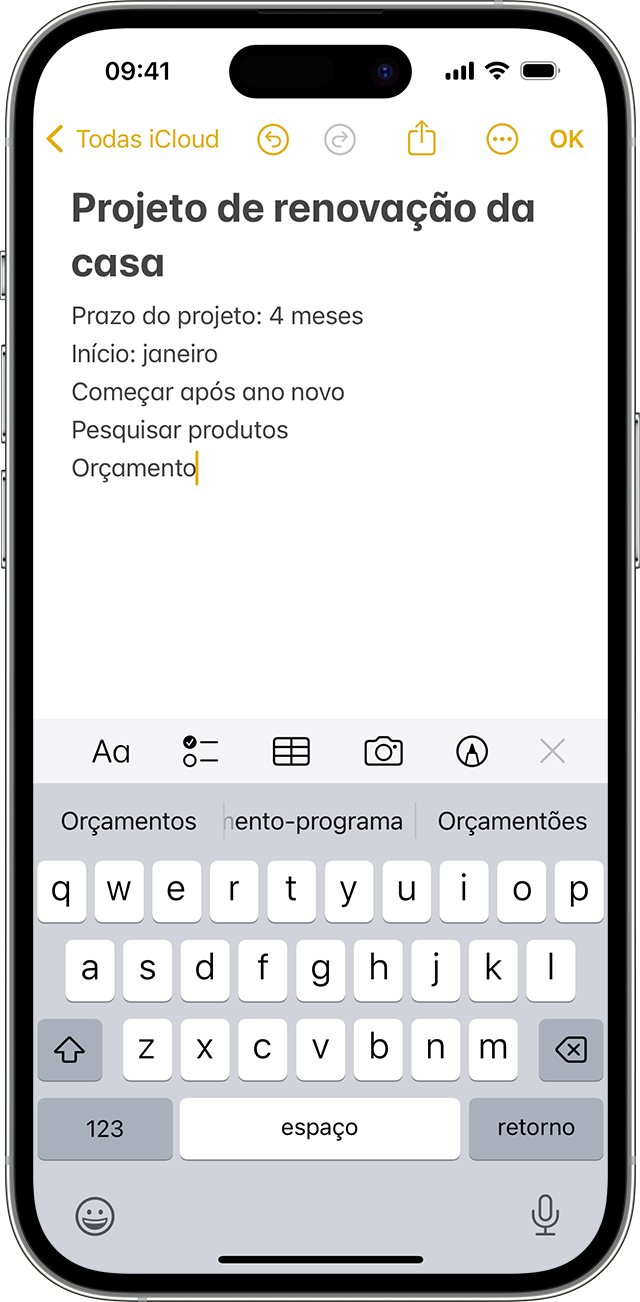 iPhone mostrando como criar uma nota no app Notas.