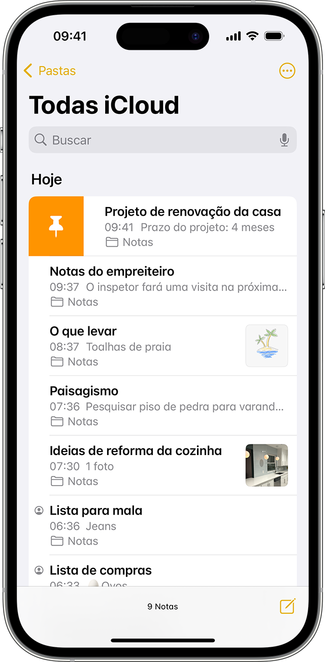 iPhone mostrando como fixar uma nota no app Notas.