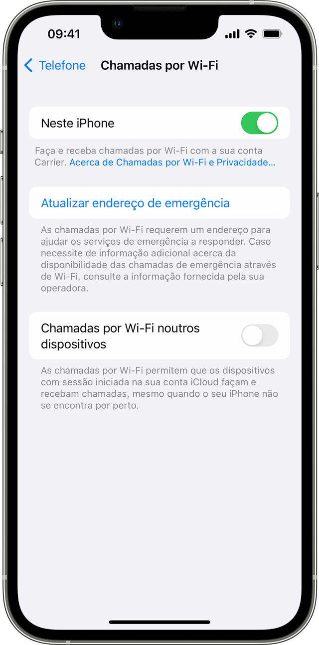 iPhone a mostrar o ecrã Chamadas por Wi-Fi, com a funcionalidade Chamadas por Wi-Fi neste telefone ativada.