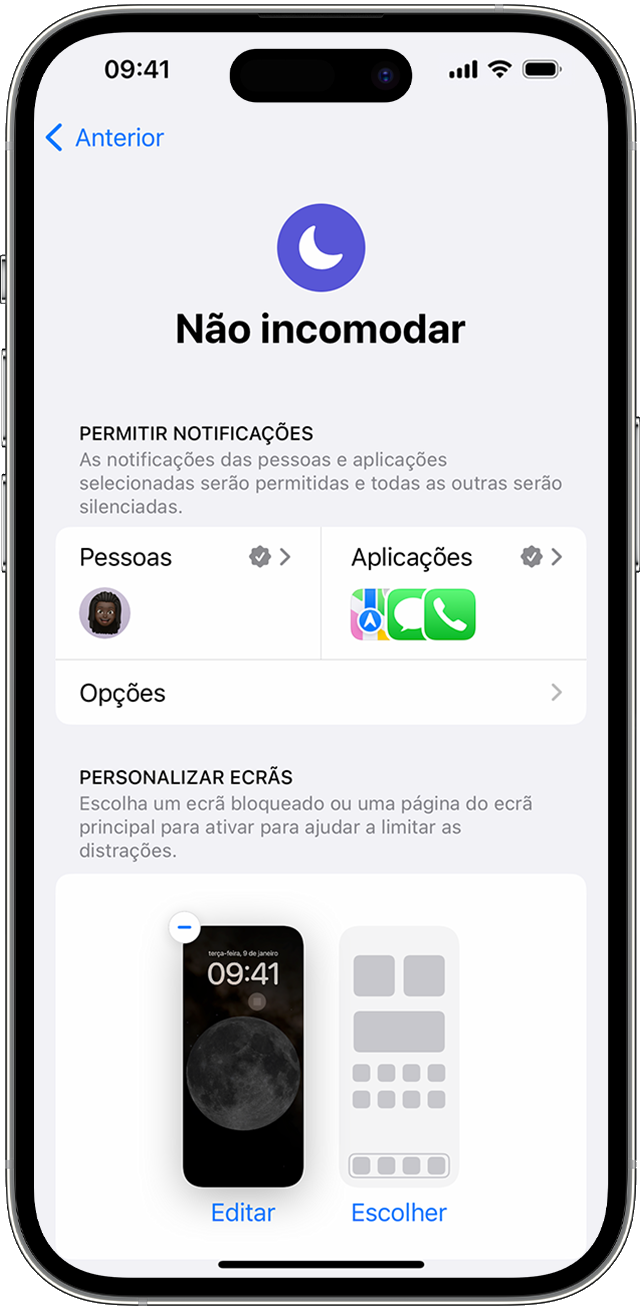 Nas definições de Não incomodar, pode escolher pessoas ou apps das quais pretende receber notificações quando a definição de concentração estiver ativa.