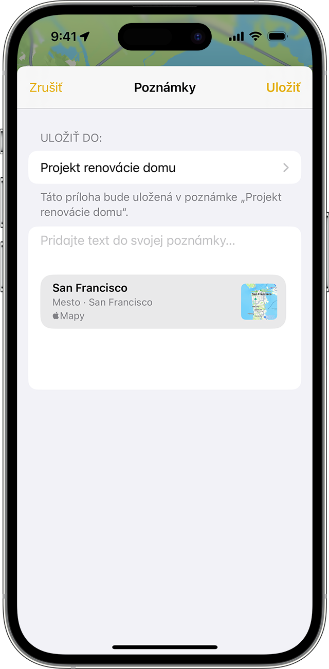 iPhone zobrazujúci, ako sa pridáva príloha v apke Poznámky.