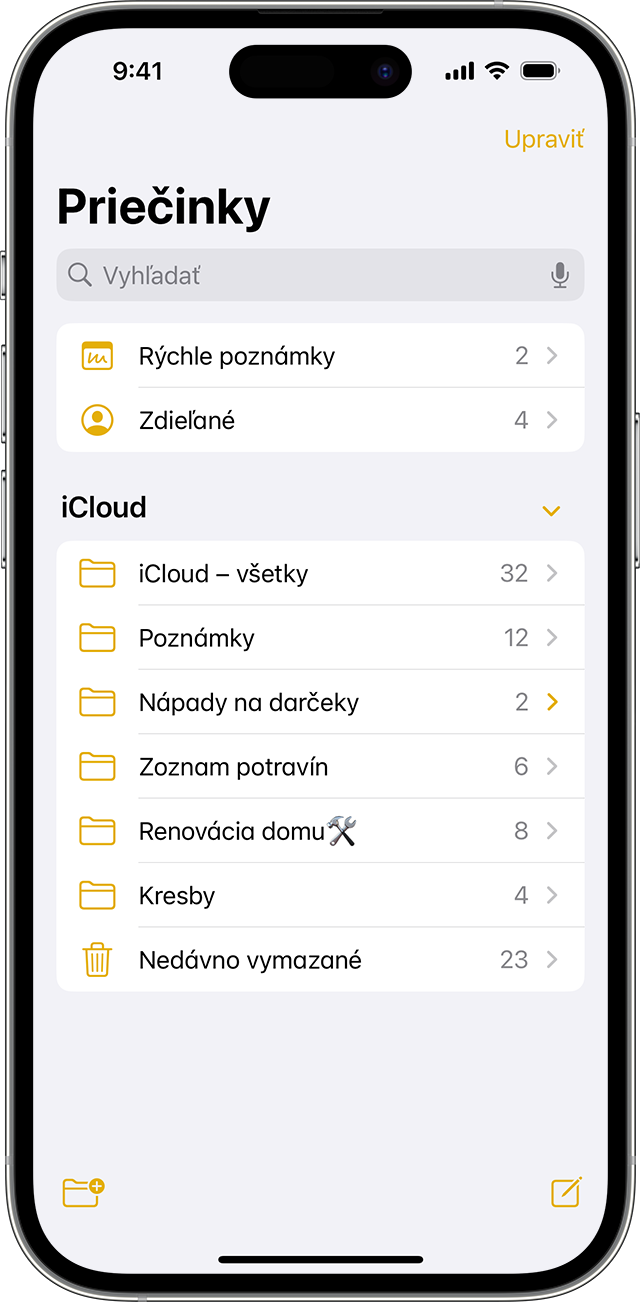 iPhone so zobrazením vytvorenia priečinka v apke Poznámky.