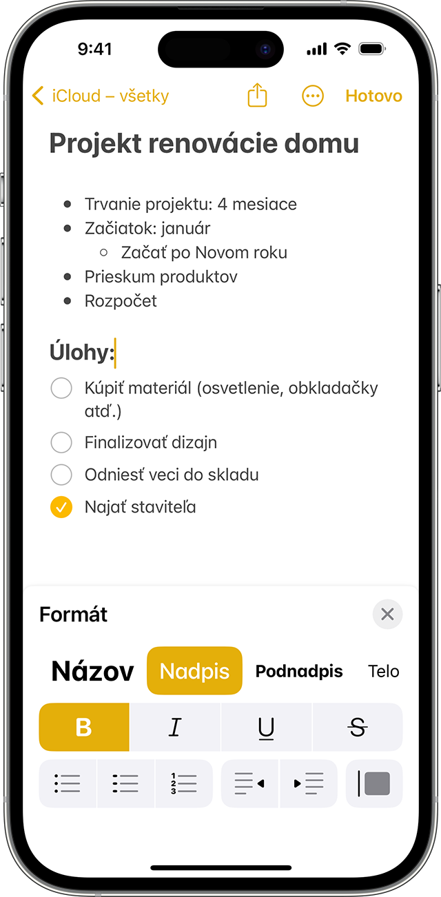 Možnosti formátovania v Poznámkach na iPhone