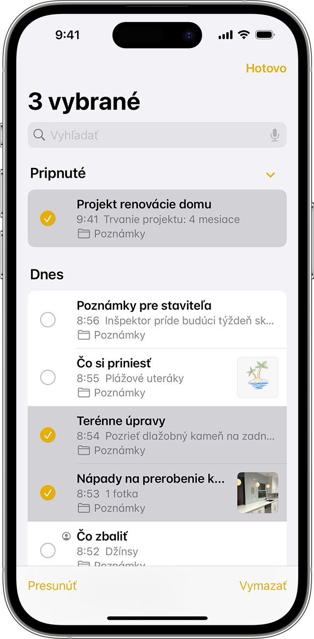 iPhone zobrazujúci, ako sa presúva poznámka do iného priečinka v apke Poznámky.