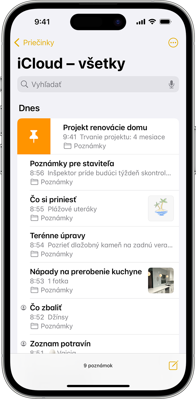 iPhone zobrazujúci, ako pripnúť poznámku v apke Poznámky.