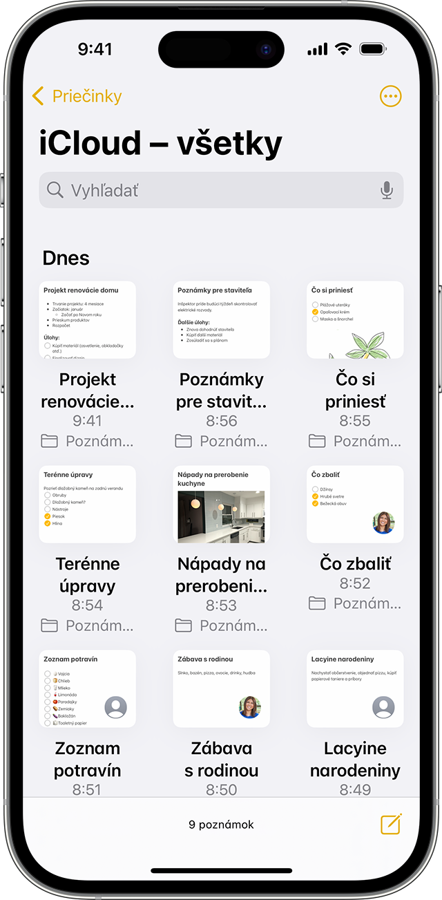 iPhone s poznámkami v zobrazení galérie.
