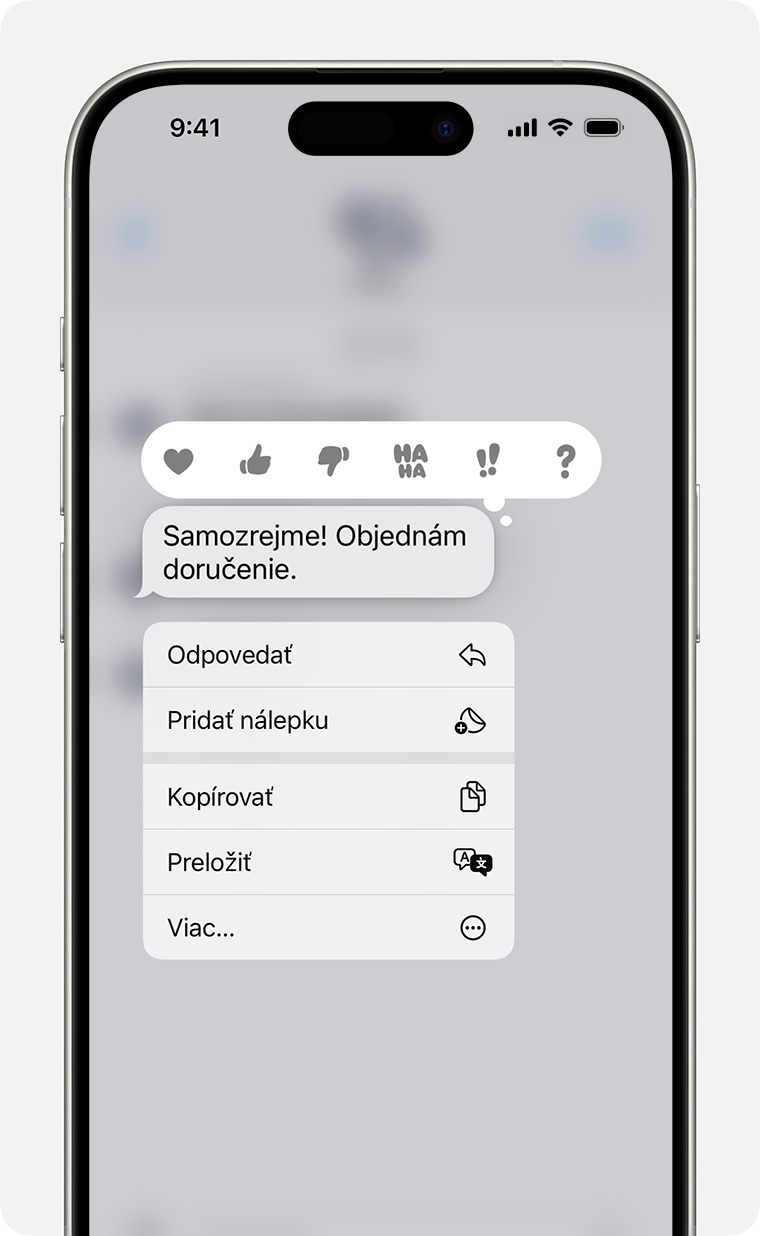 iPhone s menu vnorených odpovedí zobrazeným po stlačení a podržaní bubliny správy s cieľom poslať vnorenú odpoveď