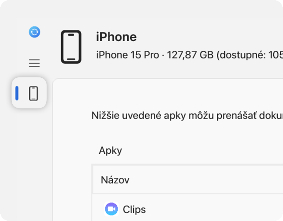 Apka Apple Devices s pripojeným zariadením na postrannom paneli