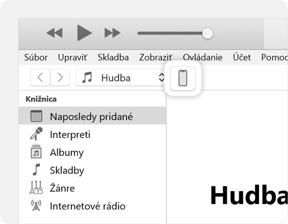 Okno iTunes s ikonou pripojeného zariadenia v pravom hornom rohu