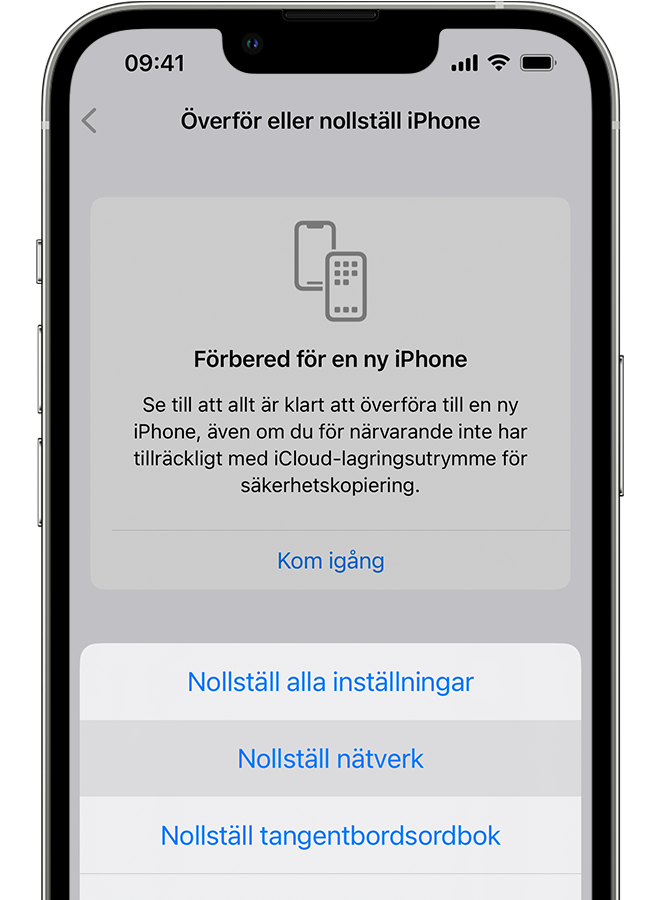 En iPhone som visar skärmen Överför eller Nollställ iPhone. 