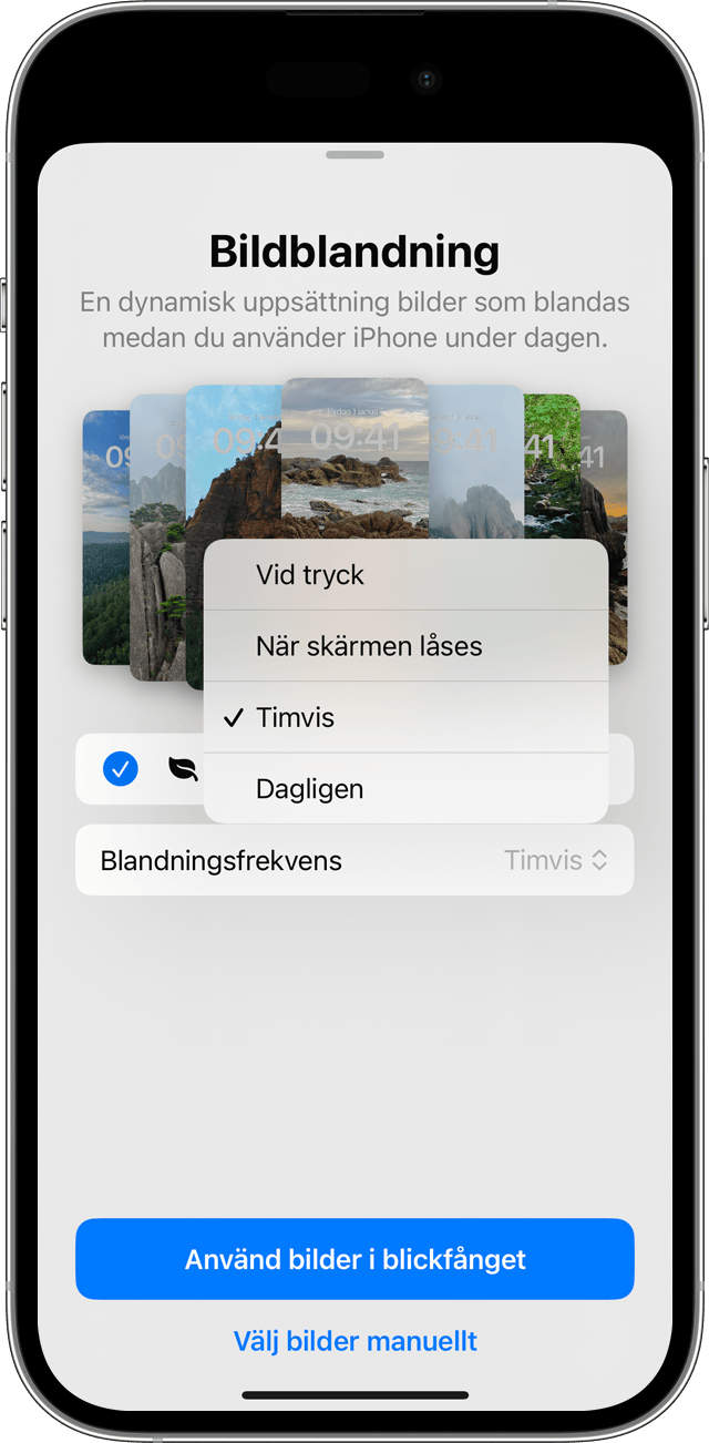 Frekvensalternativen för Bildblandning när du väljer att låta flera bilder rotera på låsskärmen på din iPhone.