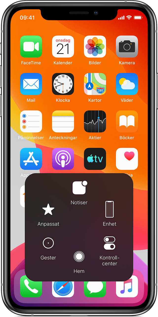 iPhone-hemskärm som visar AssistiveTouch-menyn