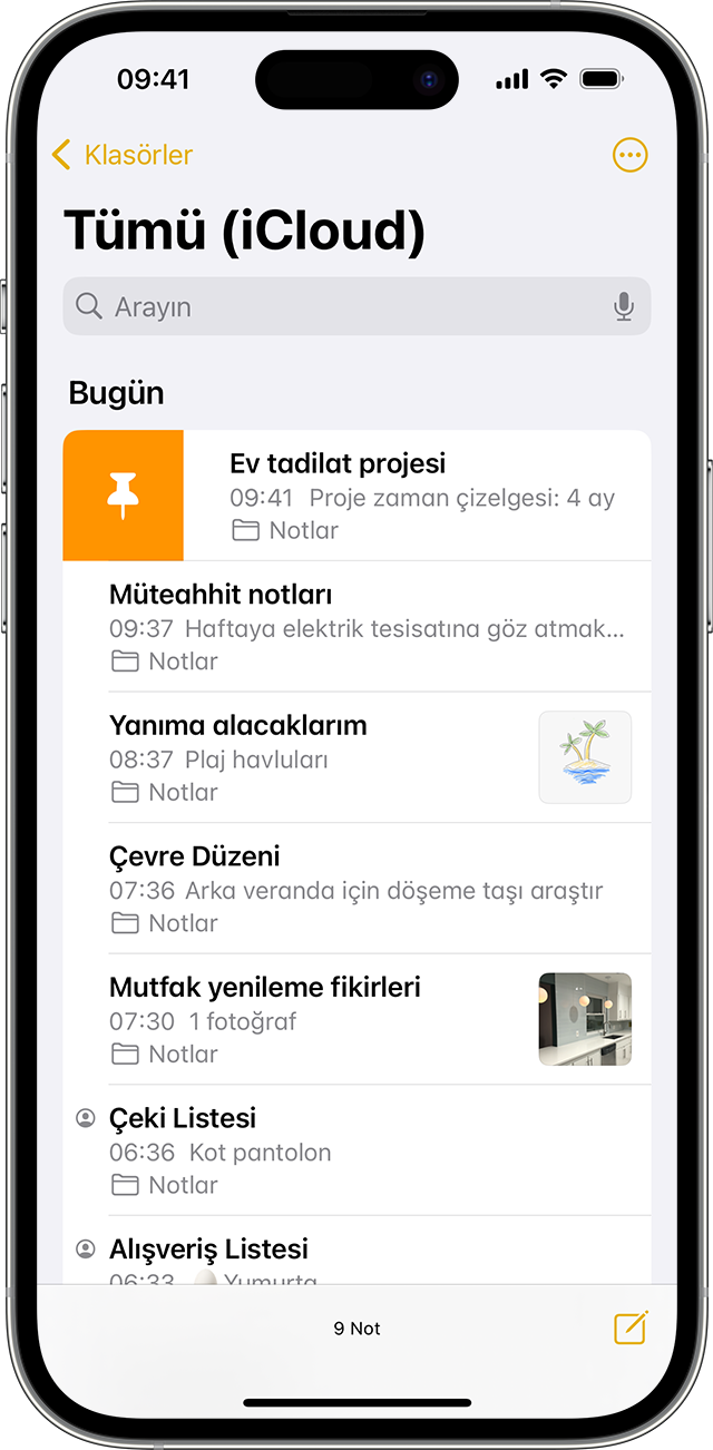 Notlar uygulamasında bir notun nasıl sabitleneceğini gösteren iPhone.