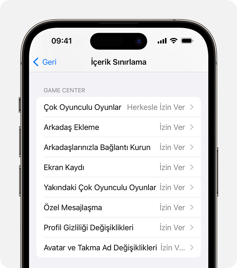 Ebeveyn denetimleri için İçerik Sınırlamaları seçeneklerini gösteren iPhone ekranı 