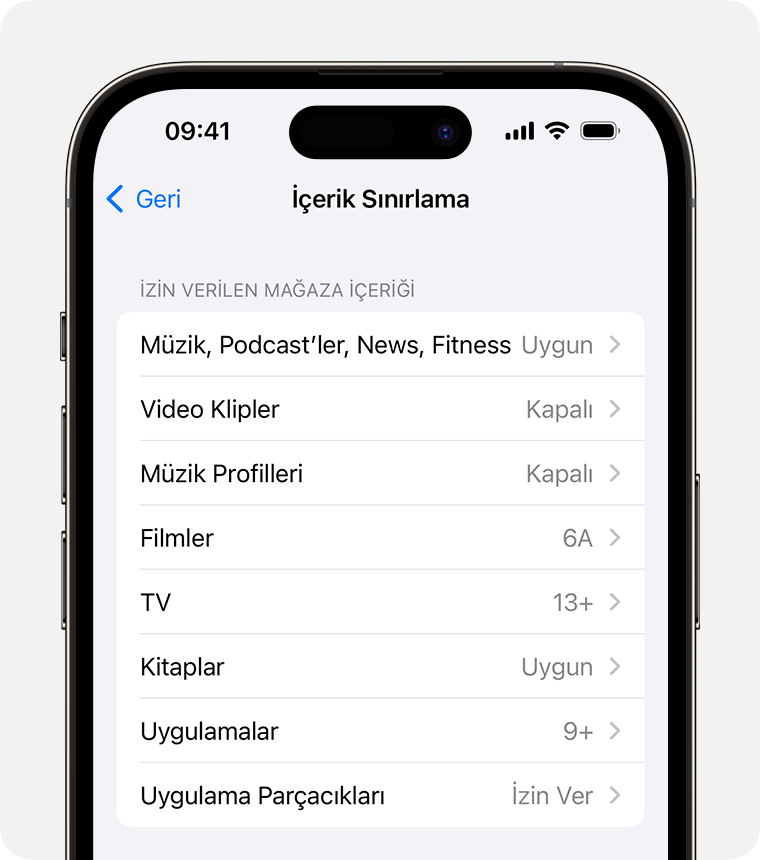 İçerik Sınırlamaları seçeneklerini gösteren iPhone ekranı 