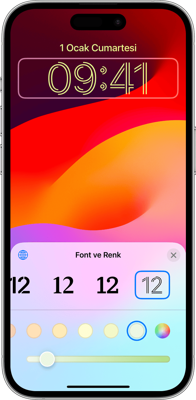 iOS 17'da Kilitli Ekranınızdaki zaman göstergesini özelleştirmeyi sağlayan font ve renk seçenekleri.