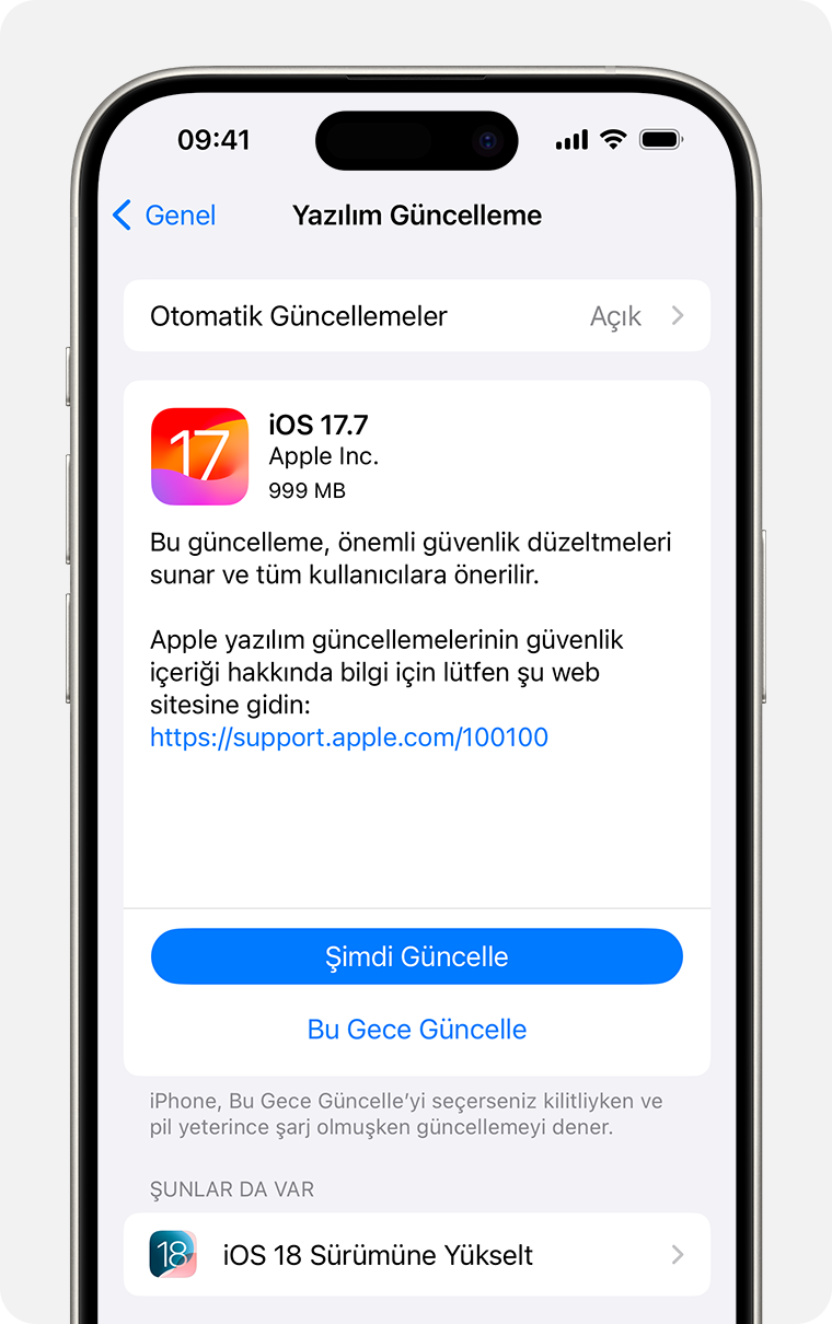 Yazılım Güncelleme ekranını gösteren iPhone. Belirlenmiş seçenek Şimdi Güncelle seçeneğidir.