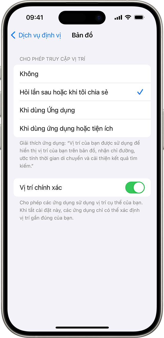 Khi tắt Vị trí chính xác, bạn chỉ có thể chia sẻ vị trí tương đối với ứng dụng đã chọn.