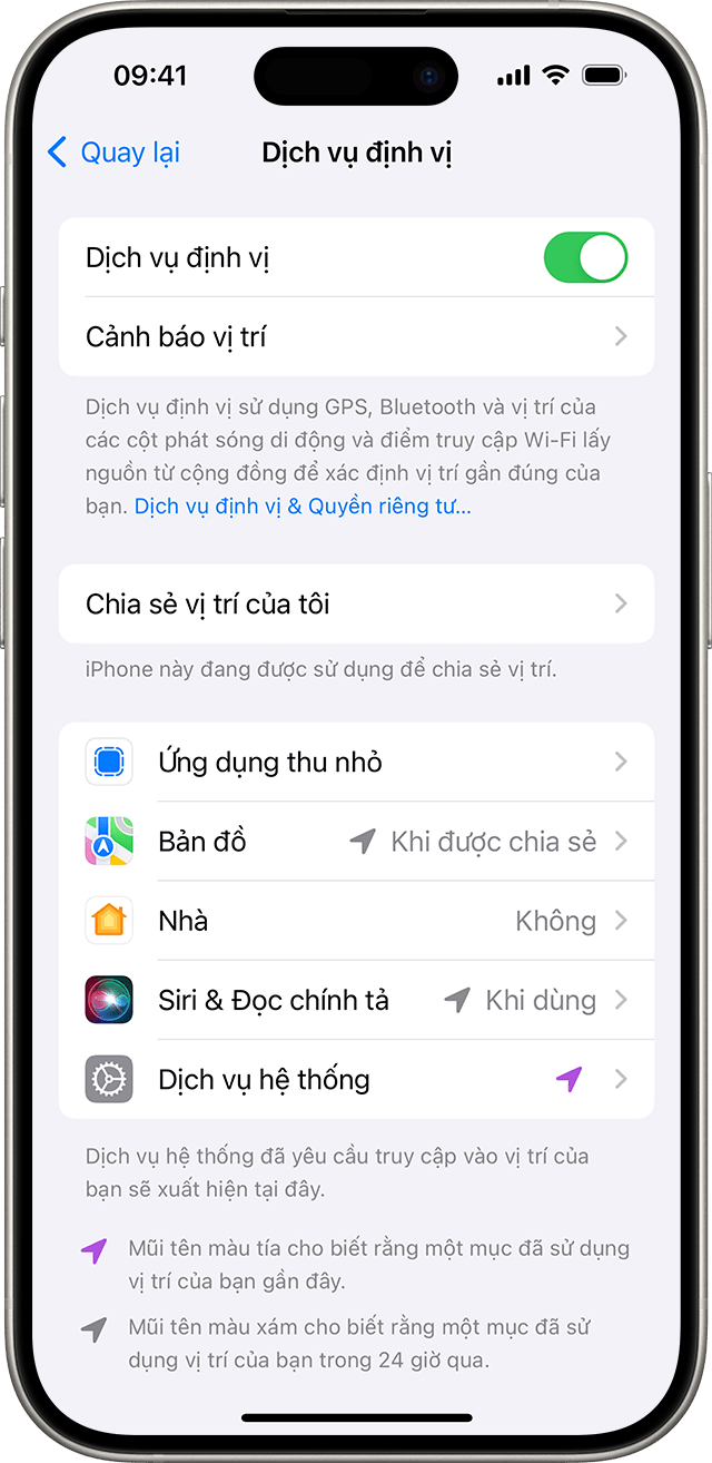 Khi bạn vào phần Cài đặt > Quyền riêng tư & bảo mật > Dịch vụ định vị, bạn có thể thay đổi cách các ứng dụng riêng lẻ sử dụng thông tin vị trí của mình.