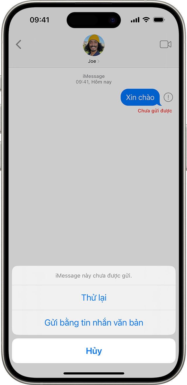 Khi iMessage không thể gửi tin nhắn, một dấu chấm than màu đỏ sẽ xuất hiện và bạn có thể chọn thử lại hoặc gửi bằng tin nhắn văn bản.