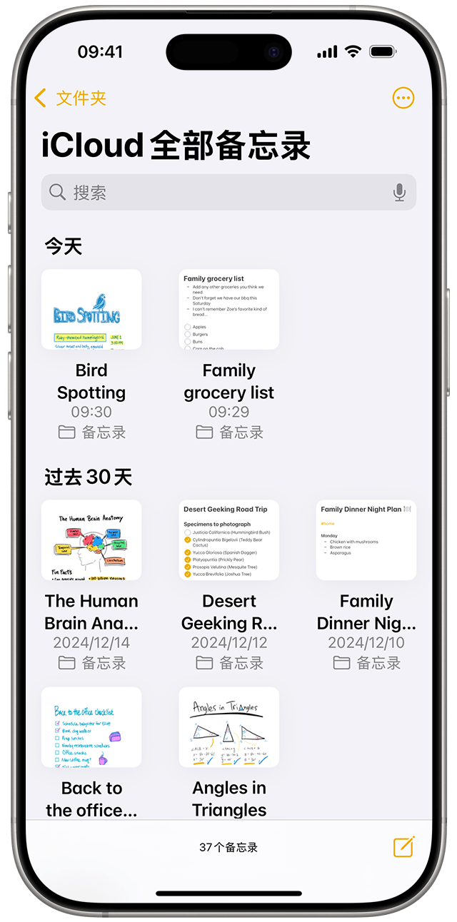 iOS 18 上“备忘录”中的画廊视图。