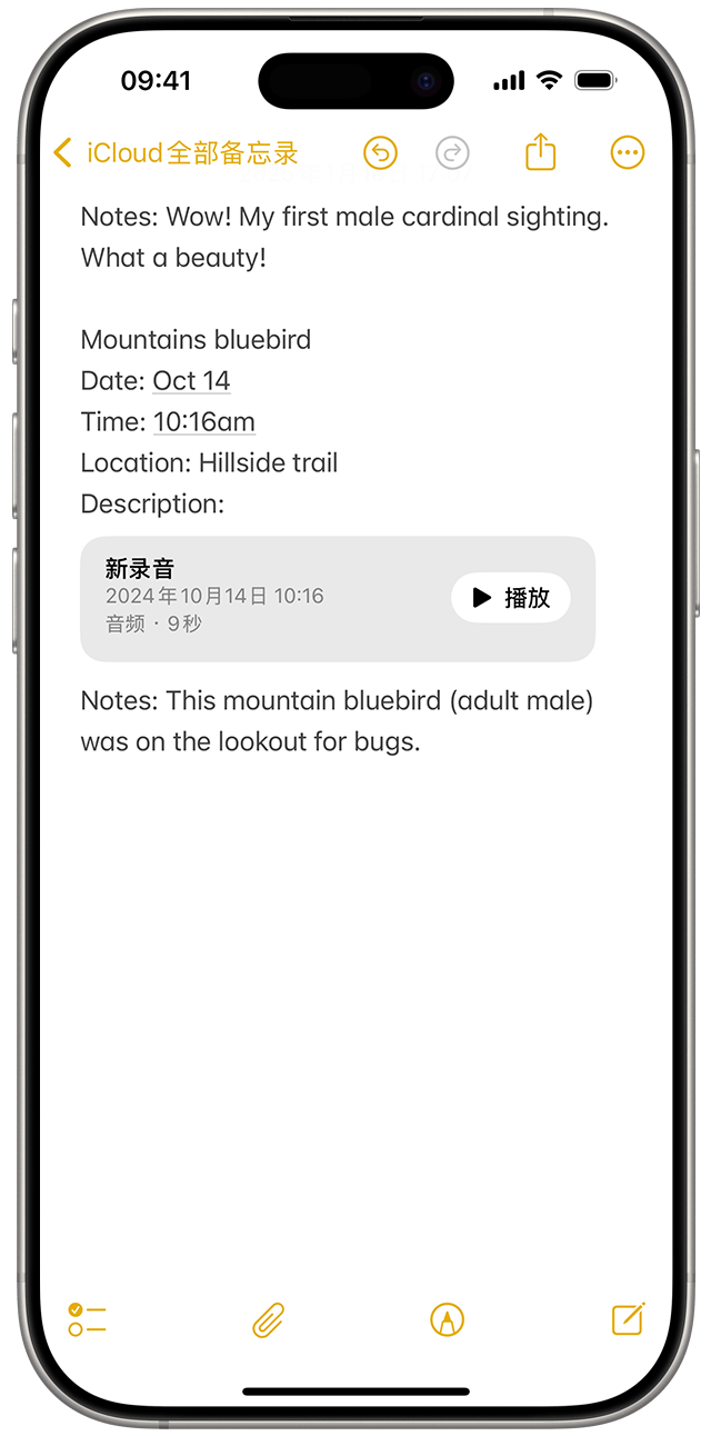 当你在 iOS 18 上的“备忘录”中录音时，录音内容将作为附件出现在已打开的备忘录中。