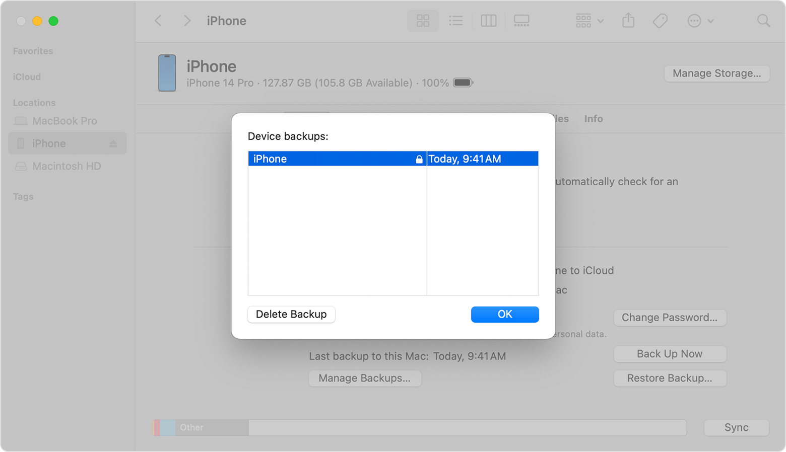 A Finder window displaying the date and time of the last encrypted backup