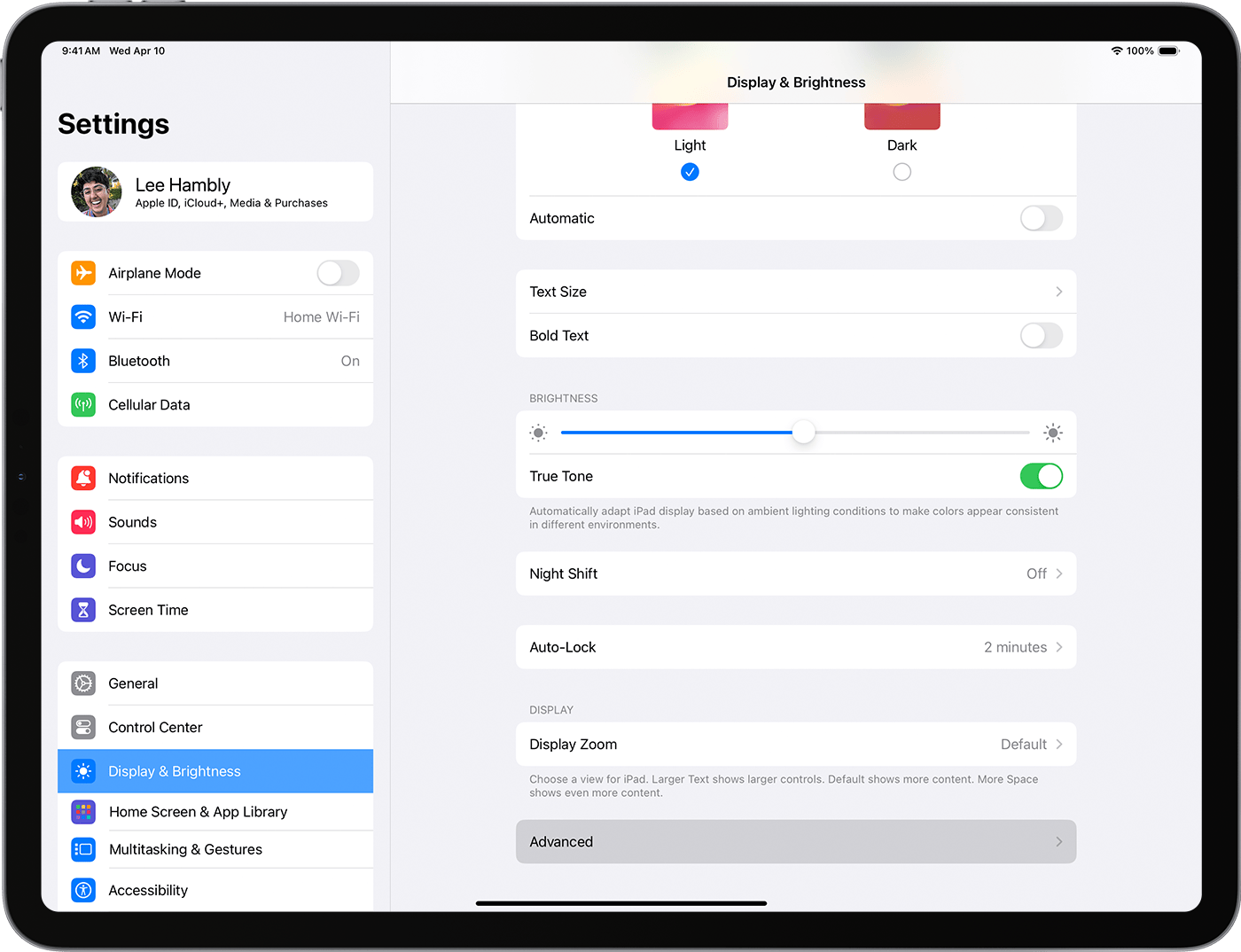 An iPad showing the Display & Brightness settings with the Advanced menu selected.