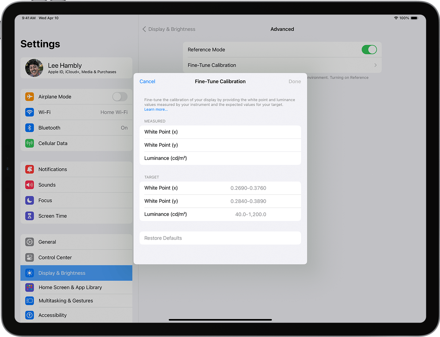 An iPad showing the Fine-Tune Calibration settings, where you can adjust the measured and target white point and luminance.