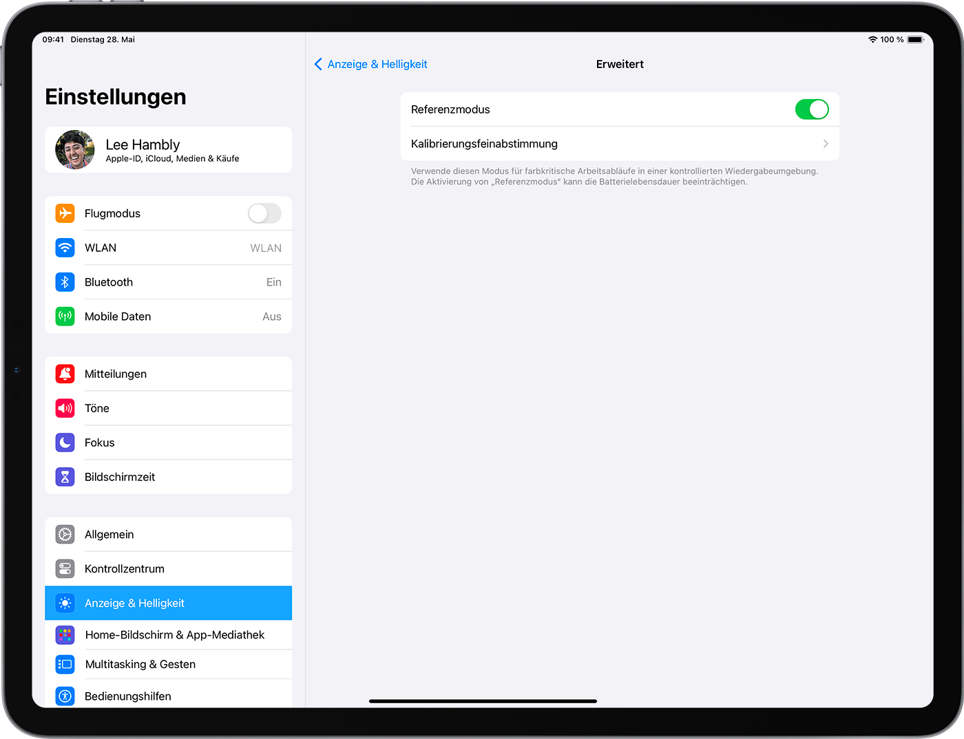 Ein iPad, auf dem die erweiterten Einstellungen „Anzeige & Helligkeit“ angezeigt werden. Der Referenzmodus ist eingeschaltet.