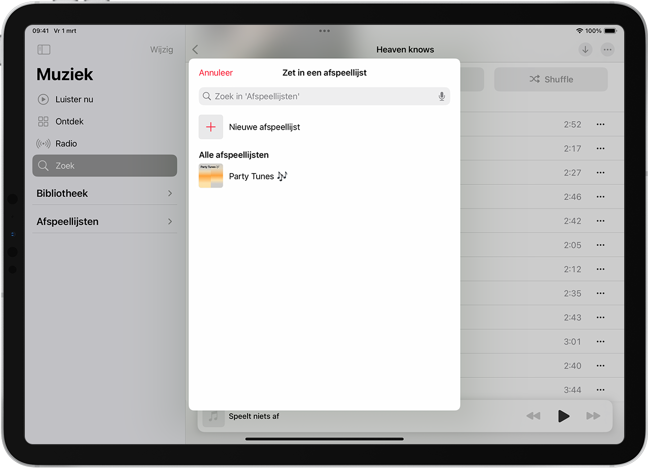 iPad toont het toevoegen van muziek aan een bestaande afspeellijst
