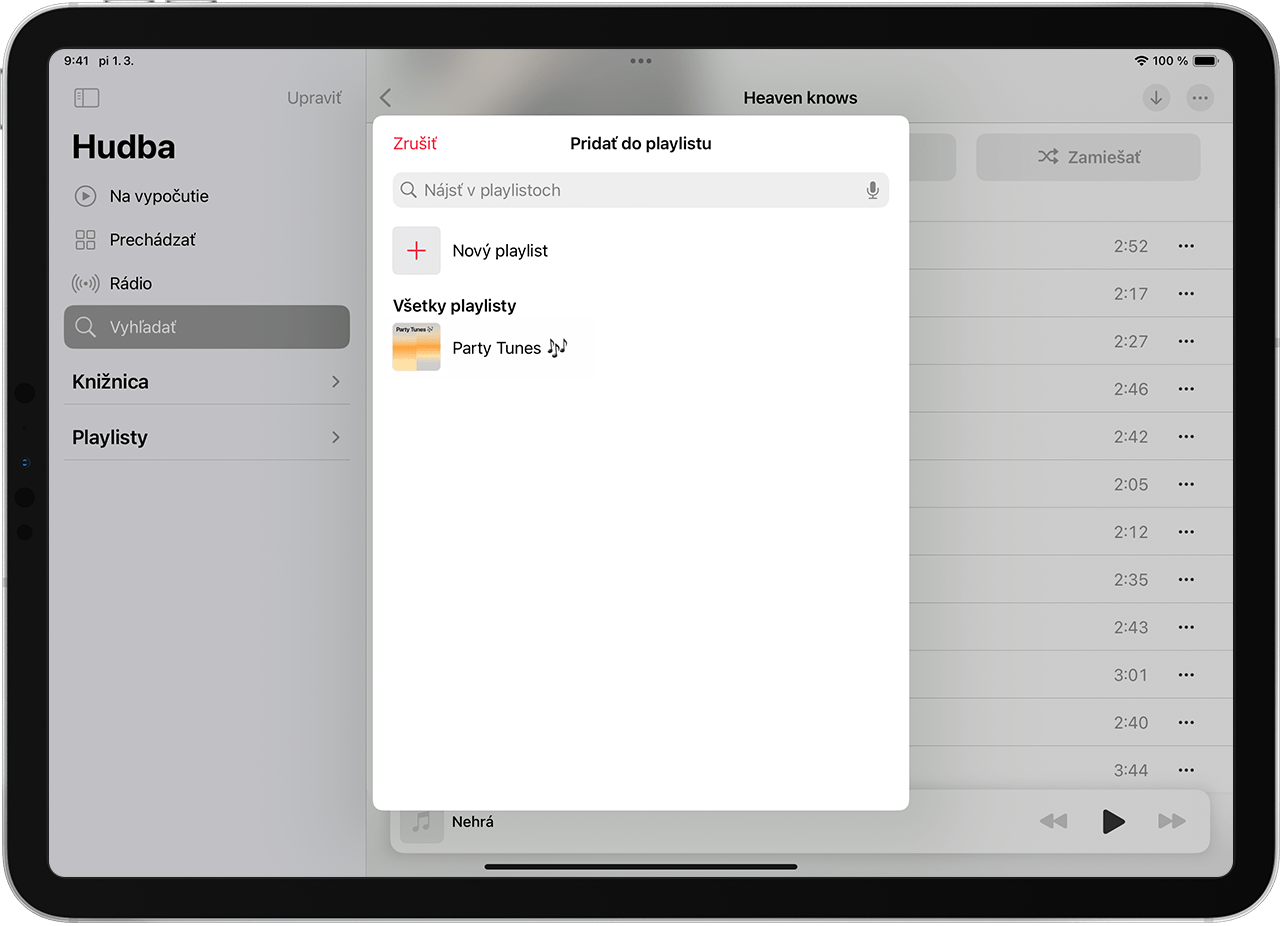 Pridanie hudby do existujúceho playlistu na iPade
