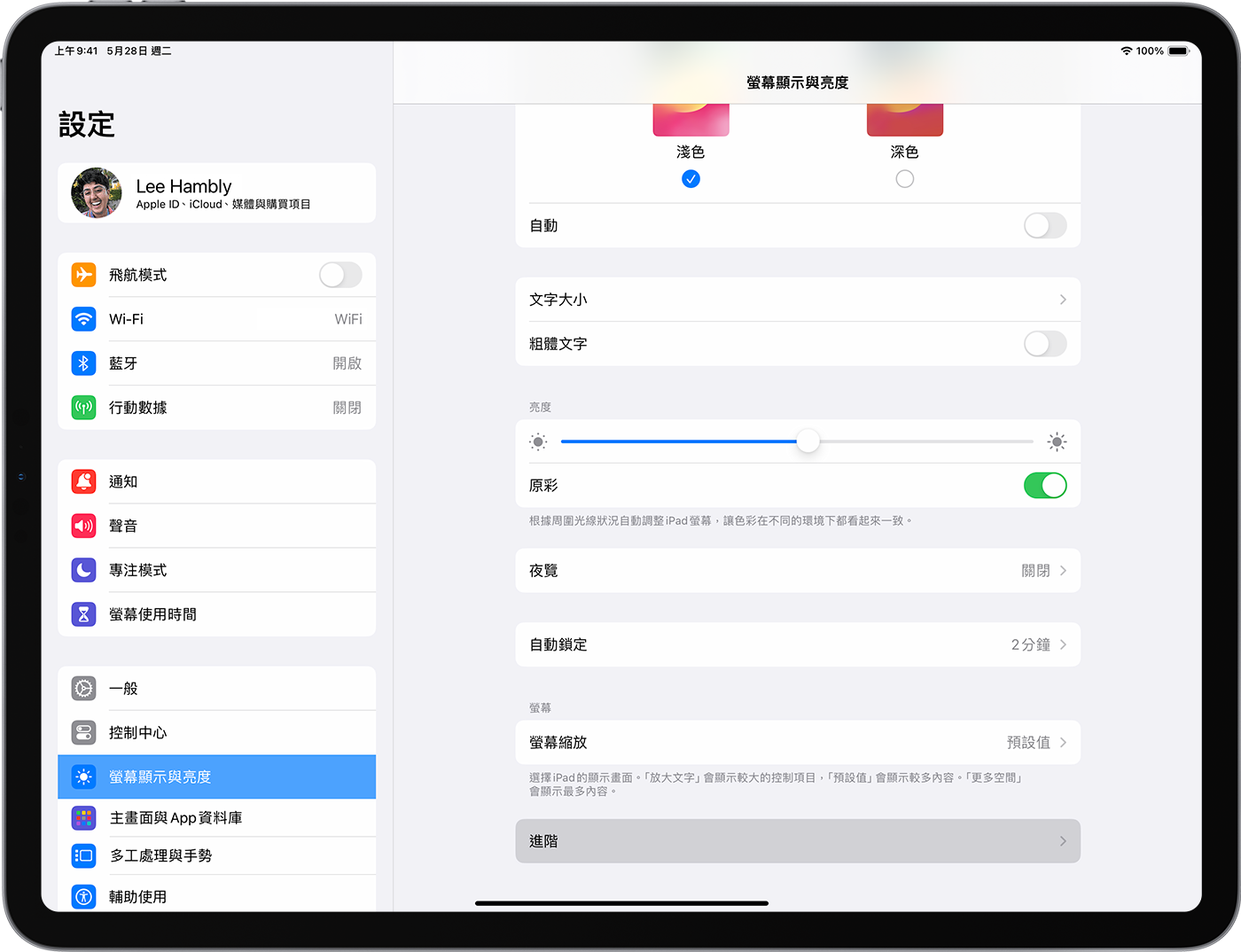 iPad 畫面顯示「螢幕顯示與亮度」設定，並選取了「進階」選單。