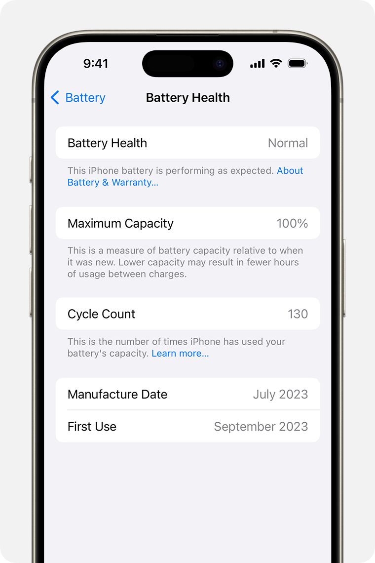 The Battery Health screen, showing battery health, maximum capacity, cylcle count, manufacture date, and date of first use.