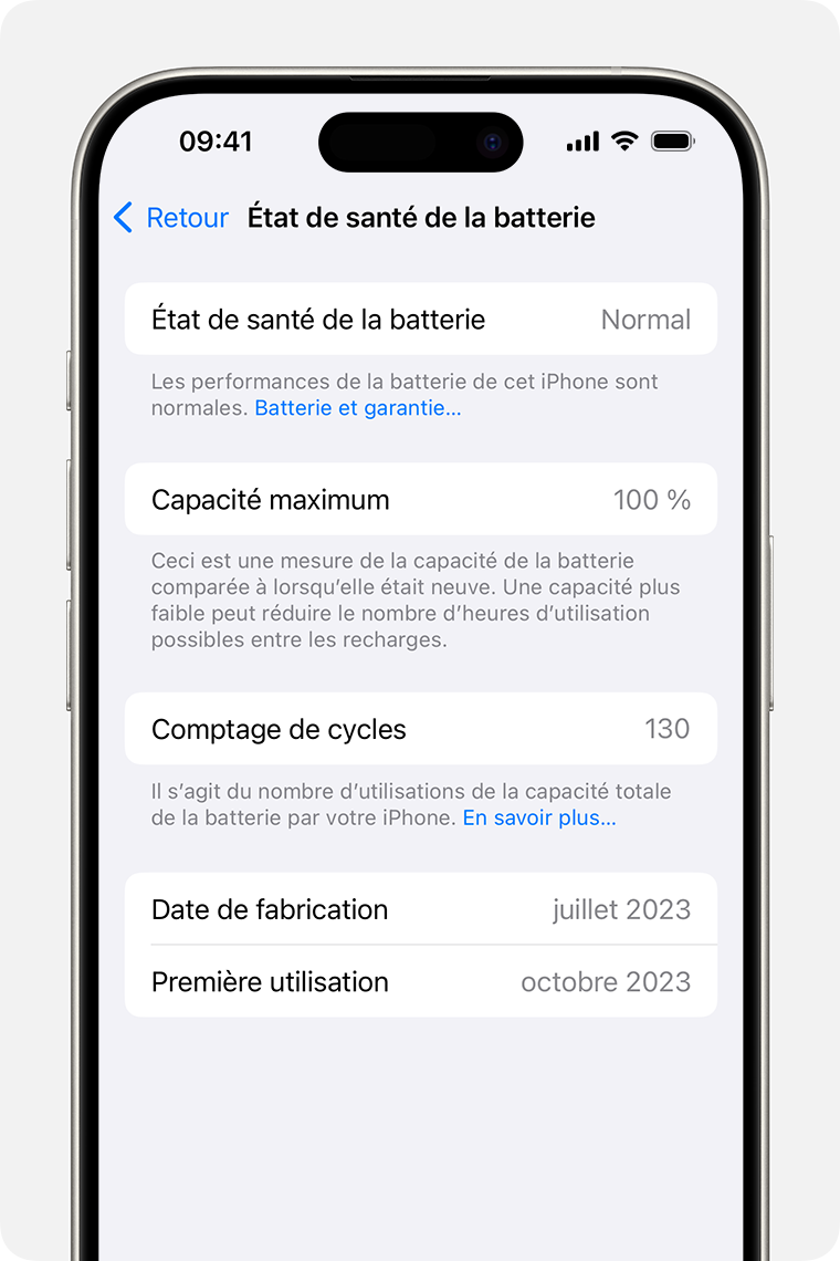 Écran État de santé de la batterie, indiquant l’état de santé et la capacité maximale de la batterie, sa date de fabrication, la date de sa première utilisation et le nombre de cycles.